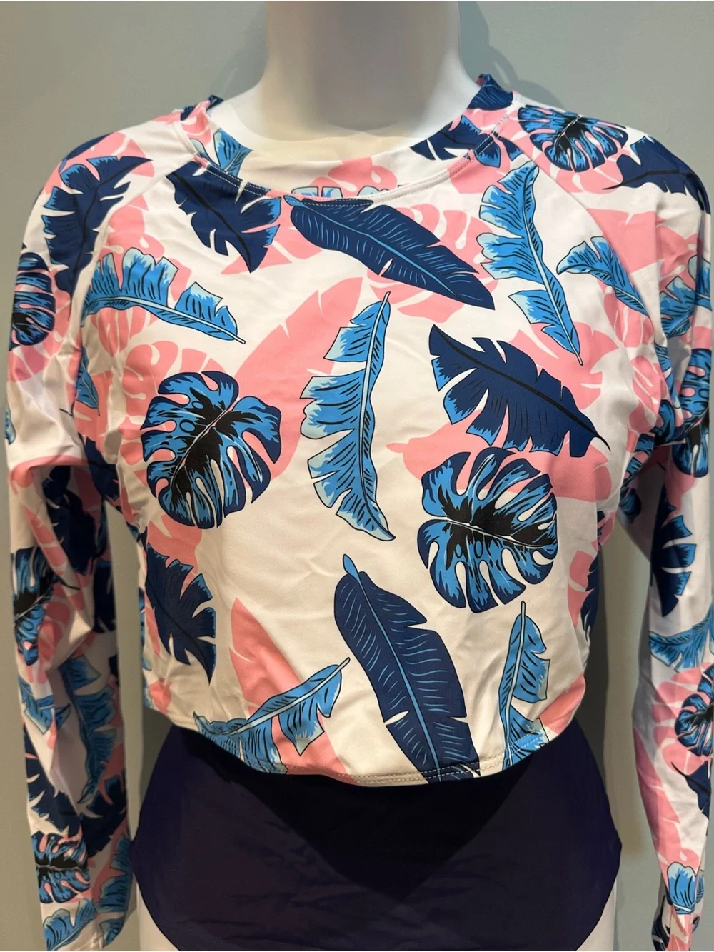 Bikini Long Sleeve Rash Guard Bikini Pink and Blue White Palm Leaf Large NWOT